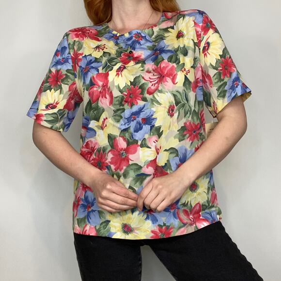 Vintage 90s Cristin Stevens Deadstock Neutral Floating Floral Print Blouse Tee - Picture 7 of 12